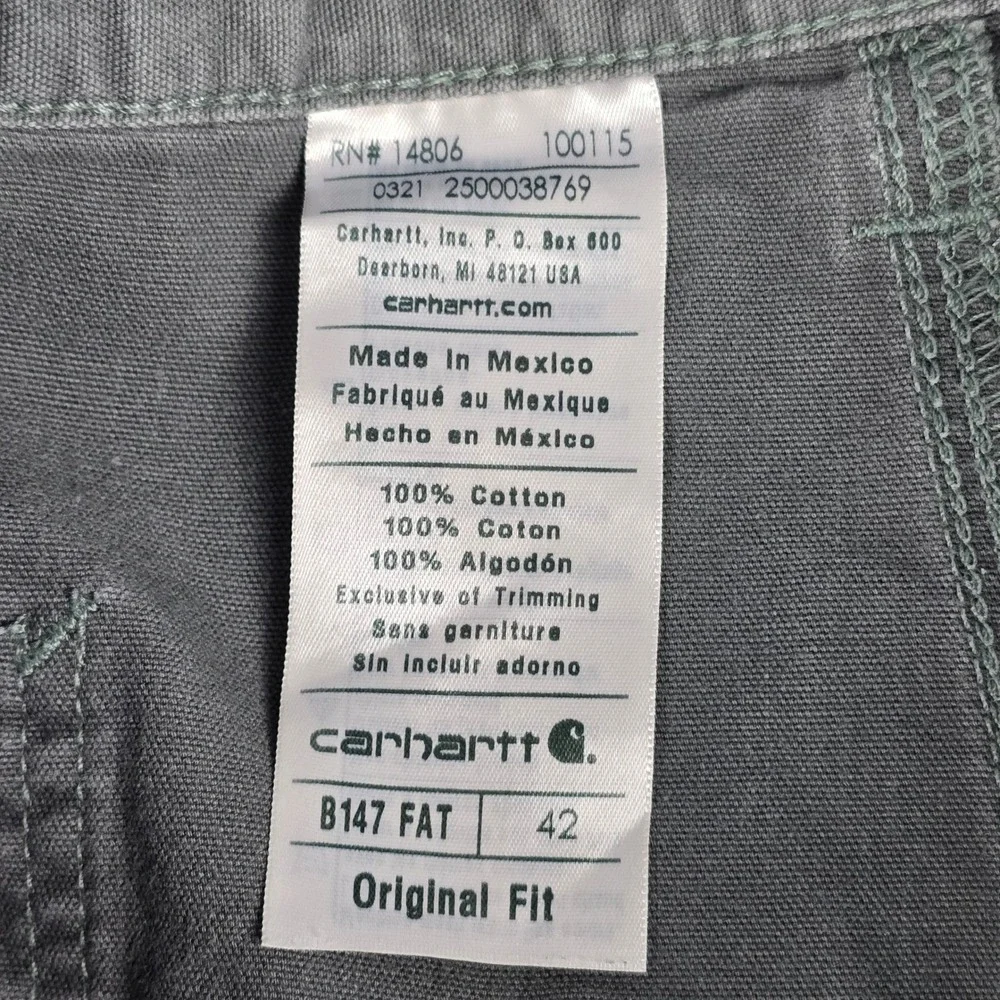 Carhartt Mens B147 FAT Gray Canvas Carpenter Workwear Shorts Original‎ Fit Sz 42